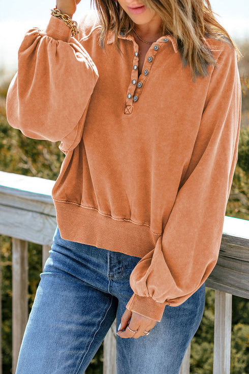 Lantern Sleeve Snap Button Placket Washed Pullover Casual Round Neck Sweatshirt